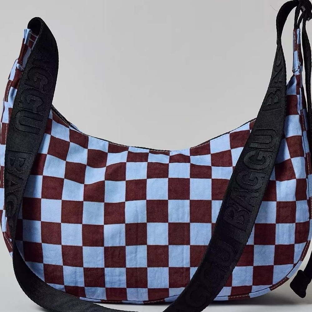 Chocolate plum and blue checkered Baggu medium crescent